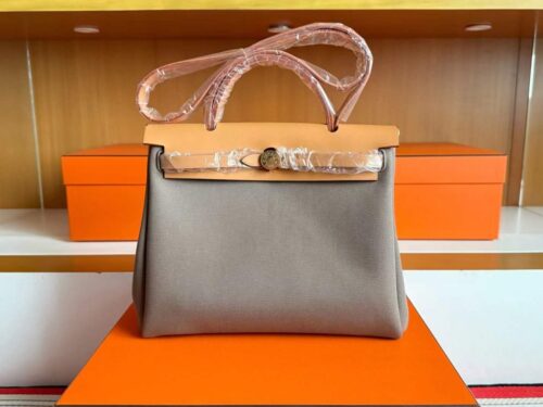 H Factory Bags Herbag Box Leather & Canvas Tea Khaki Light Brown Gold Hardware 31cm Full Handmade