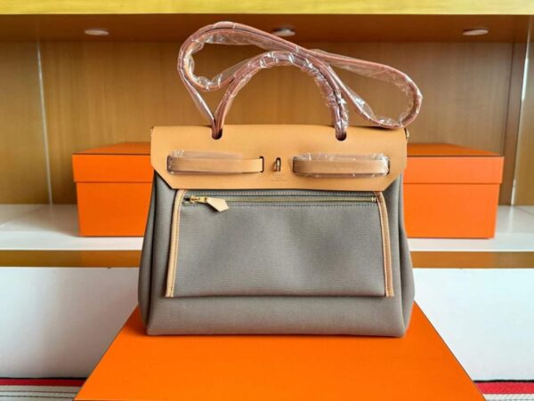 H Factory Bags Herbag Box Leather & Canvas Tea Khaki Light Brown Gold Hardware 31cm Full Handmade