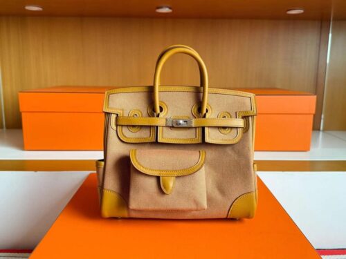 H Factory Bags Birkin Cargo Swift Leather & Canvas Sesame Yellow Silver Hardware 25cm Full Handmade