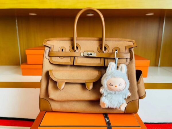 H Factory Bags Birkin Cargo Swift Leather & Canvas Golden Brown Silver Hardware 35cm Full Handmade