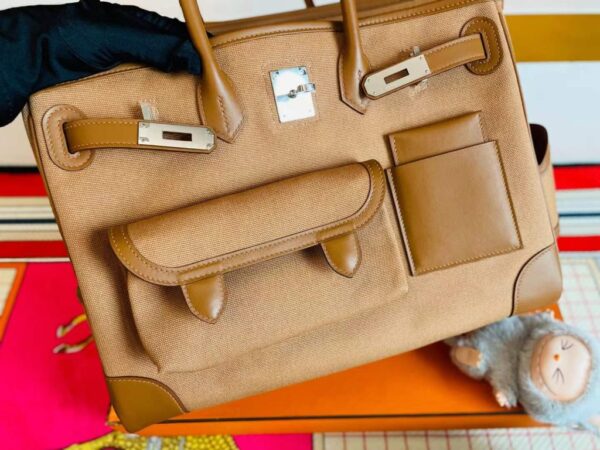 H Factory Bags Birkin Cargo Swift Leather & Canvas Golden Brown Silver Hardware 35cm Full Handmade