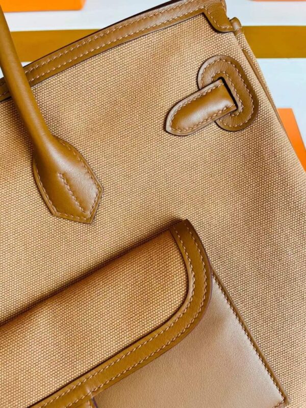 H Factory Bags Birkin Cargo Swift Leather & Canvas Golden Brown Silver Hardware 35cm Full Handmade