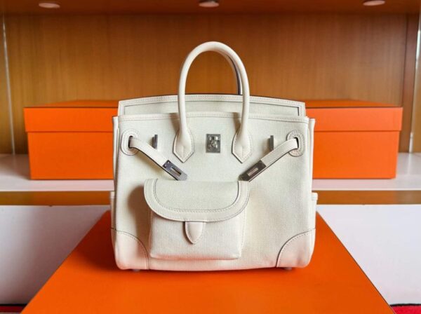 H Factory Bags Birkin Cargo Swift Leather & Canvas Cream White Silver Hardware 25cm Full Handmade