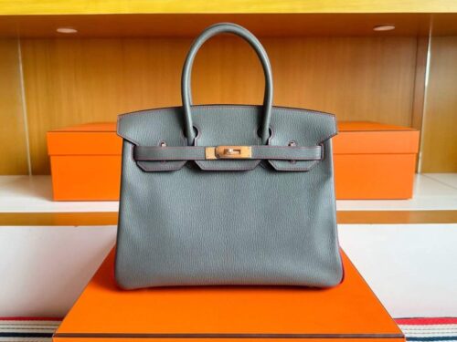 H Factory Bags Birkin Chever Leather Grey & Red Gold Hardware 30cm Full Handmade