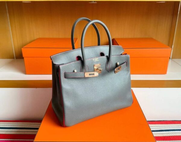 H Factory Bags Birkin Chever Leather Grey & Red Gold Hardware 30cm Full Handmade