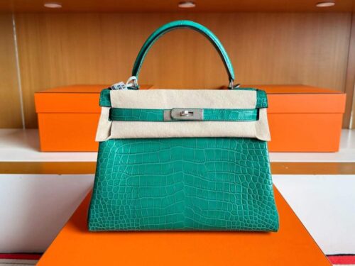 H Factory Bags Kelly Matte Porosus Crocodile Bamboo Green Silver Hardware 28cm Full Handmade