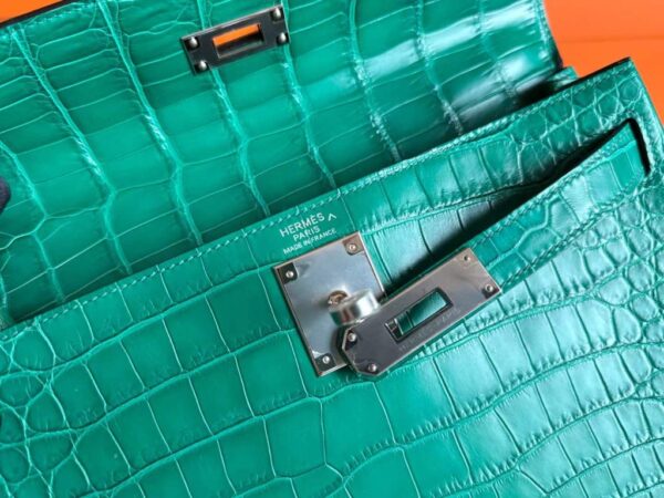 H Factory Bags Kelly Matte Porosus Crocodile Bamboo Green Silver Hardware 28cm Full Handmade
