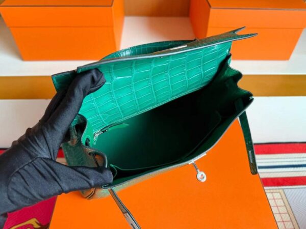 H Factory Bags Kelly Matte Porosus Crocodile Bamboo Green Silver Hardware 28cm Full Handmade