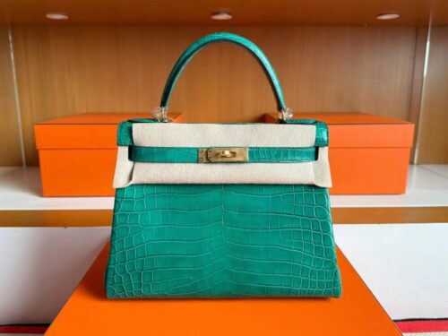 H Factory Bags Kelly Matte Porosus Crocodile Bamboo Green Gold Hardware 28cm Full Handmade