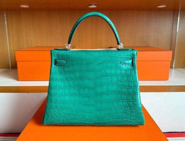 H Factory Bags Kelly Matte Porosus Crocodile Bamboo Green Gold Hardware 28cm Full Handmade