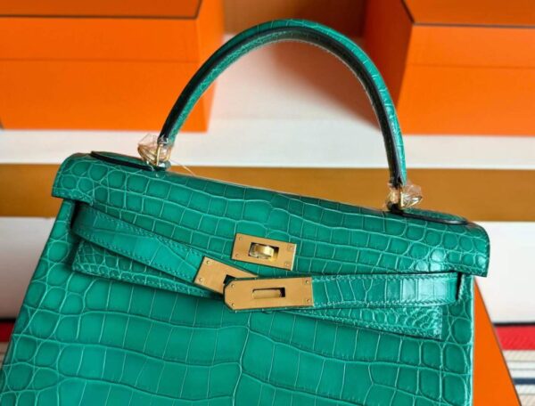 H Factory Bags Kelly Matte Porosus Crocodile Bamboo Green Gold Hardware 28cm Full Handmade