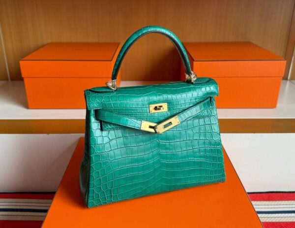 H Factory Bags Kelly Matte Porosus Crocodile Bamboo Green Gold Hardware 28cm Full Handmade