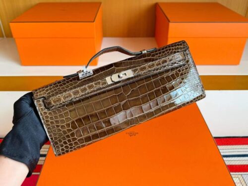 H Factory Bags Kelly Cut Shiny Porosus Crocodile Olive Green Silver Hardware 31cm Full Handmade