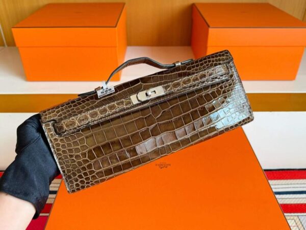 H Factory Bags Kelly Cut Shiny Porosus Crocodile Olive Green Silver Hardware 31cm Full Handmade