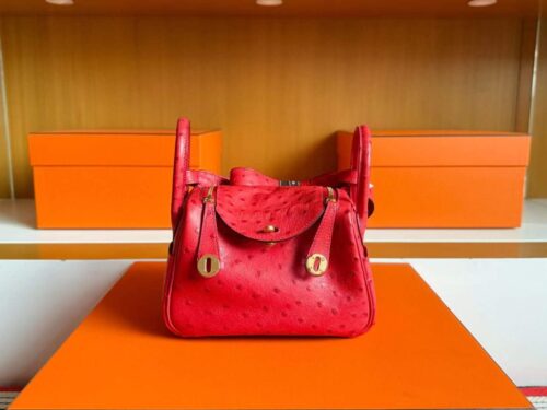 H Factory Bags Mini Lindy Ostrich Leather Shiny Red Gold Hardware 19cm Full Handmade