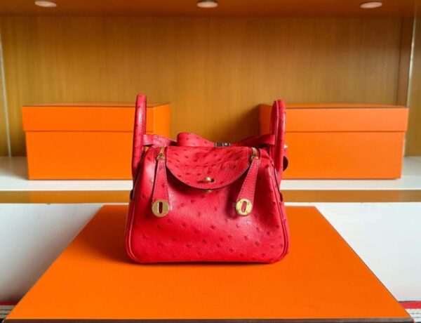 H Factory Bags Mini Lindy Ostrich Leather Shiny Red Gold Hardware 19cm Full Handmade