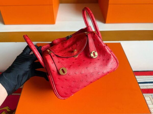 H Factory Bags Mini Lindy Ostrich Leather Shiny Red Gold Hardware 19cm Full Handmade