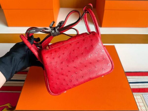 H Factory Bags Mini Lindy Ostrich Leather Shiny Red Gold Hardware 19cm Full Handmade