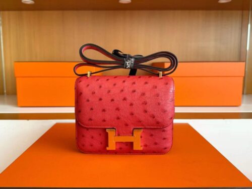 2025-12-29_111145_671-1024x789-1 H Factory Bags Constance Ostrich Leather Shiny Red Gold Hardware 18cm Full Handmade