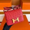 H Factory Bags Constance Ostrich Leather Shiny Red Gold Hardware 18cm Full Handmade
