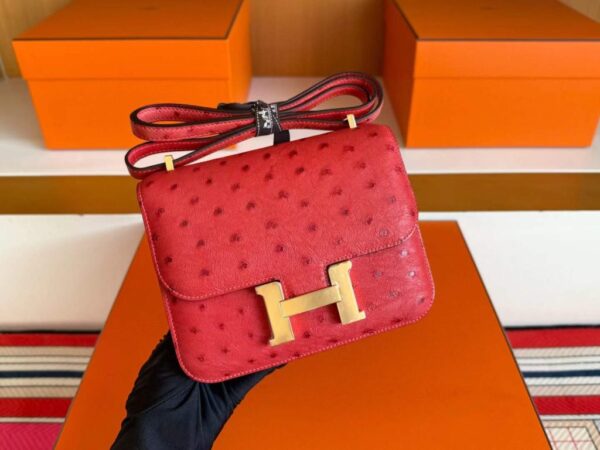 H Factory Bags Constance Ostrich Leather Shiny Red Gold Hardware 18cm Full Handmade