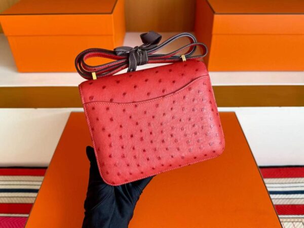 H Factory Bags Constance Ostrich Leather Shiny Red Gold Hardware 18cm Full Handmade
