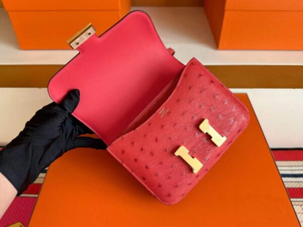 H Factory Bags Constance Ostrich Leather Shiny Red Gold Hardware 18cm Full Handmade