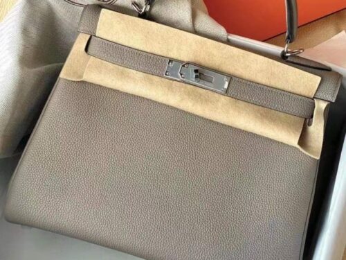 H Factory Bags Kelly Togo Leather M8 Medium Grey Silver Hardware 28cm Full Handmade