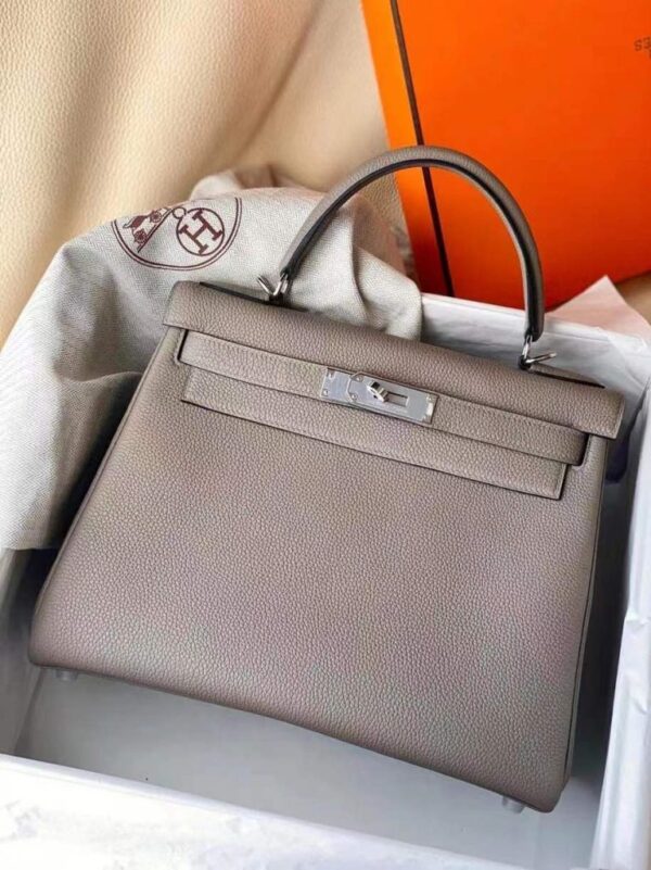 H Factory Bags Kelly Togo Leather M8 Medium Grey Silver Hardware 28cm Full Handmade