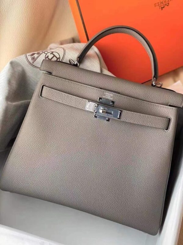 H Factory Bags Kelly Togo Leather M8 Medium Grey Silver Hardware 28cm Full Handmade