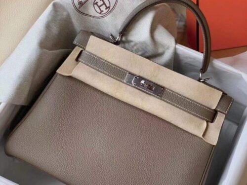 H Factory Bags Kelly Togo Leather CK18 Etoupe Grey Silver Hardware 28cm Full Handmade