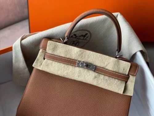 H Factory Bags Kelly Togo Leather CK37 Gold Brown Silver Hardware 25cm Full Handmade
