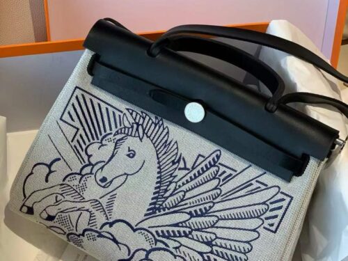 H Factory Bags Herbag Canvas & Hunter Leather Horse Drawing Black Silver Hardware 31cm Full Handmade
