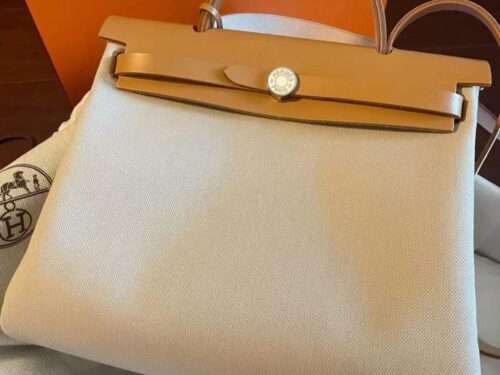 H Factory Bags Herbag Canvas & Hunter Leather Cream White & Tea Brown Silver Hardware 31cm Full Handmade