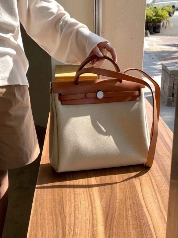 2026-01-05_143957_599-768x1024-1 H Factory Bags Herbag Canvas & Hunter Leather Cream White & Tea Brown Silver Hardware 31cm Full Handmade