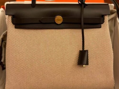 H Factory Bags Herbag Canvas & Hunter Leather Ebony Color & Rice White Gold Hardware 31cm Full Handmade