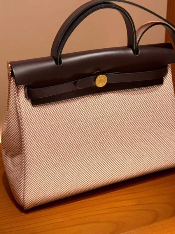 H Factory Bags Herbag Canvas & Hunter Leather Ebony Color & Rice White Gold Hardware 31cm Full Handmade