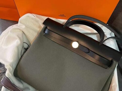 H Factory Bags Herbag Canvas & Hunter Leather Dark Green & Black Gold Hardware 31cm Full Handmade