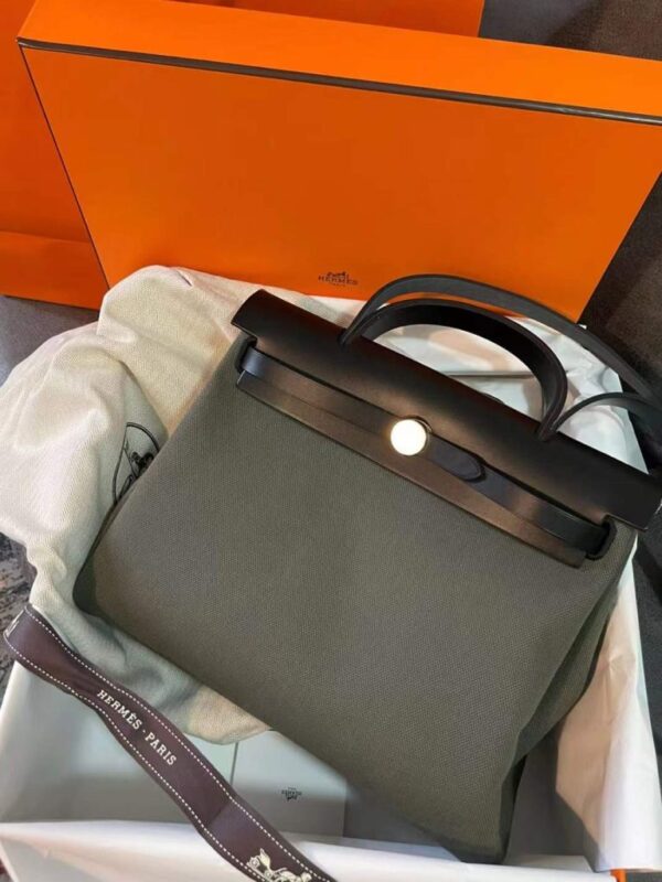 H Factory Bags Herbag Canvas & Hunter Leather Dark Green & Black Gold Hardware 31cm Full Handmade