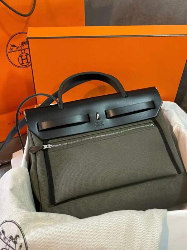H Factory Bags Herbag Canvas & Hunter Leather Dark Green & Black Gold Hardware 31cm Full Handmade