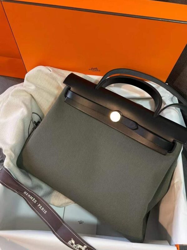 H Factory Bags Herbag Canvas & Hunter Leather Dark Green & Black Gold Hardware 31cm Full Handmade