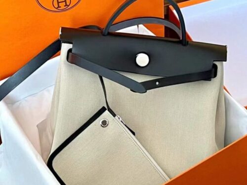 H Factory Bags Herbag Canvas & Hunter Leather Rice White & Black Silver Hardware 31cm Full Handmade