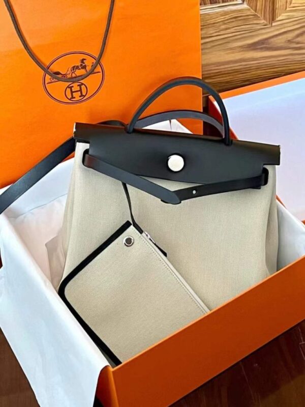 H Factory Bags Herbag Canvas & Hunter Leather Rice White & Black Silver Hardware 31cm Full Handmade