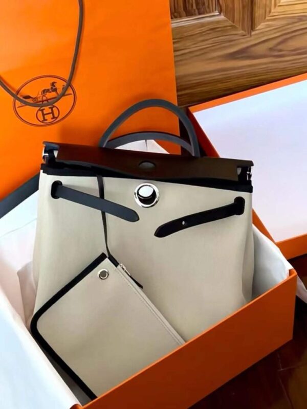 H Factory Bags Herbag Canvas & Hunter Leather Rice White & Black Silver Hardware 31cm Full Handmade