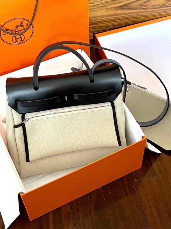 H Factory Bags Herbag Canvas & Hunter Leather Rice White & Black Silver Hardware 31cm Full Handmade