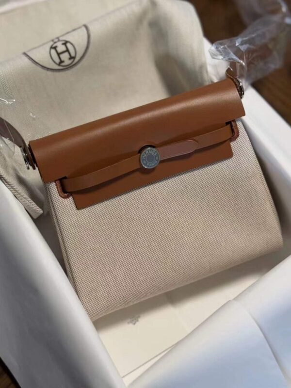 H Factory Bags Mini Herbag Canvas & Hunter Leather Gold Brown Silver Hardware 20cm Full Handmade