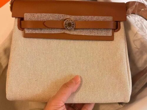 H Factory Bags Mini Herbag Canvas & Hunter Leather Rice White & Tea Brown Gold Hardware 20cm Full Handmade