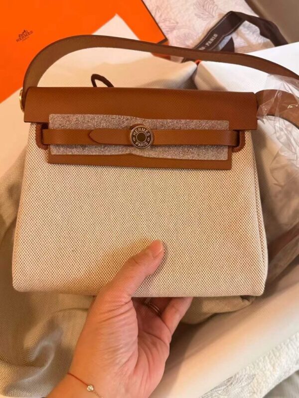 H Factory Bags Mini Herbag Canvas & Hunter Leather Rice White & Tea Brown Gold Hardware 20cm Full Handmade