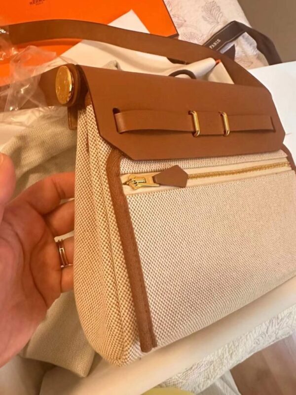 H Factory Bags Mini Herbag Canvas & Hunter Leather Rice White & Tea Brown Gold Hardware 20cm Full Handmade