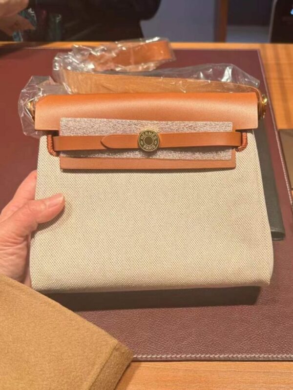 H Factory Bags Mini Herbag Canvas & Hunter Leather Rice White & Tea Brown Gold Hardware 20cm Full Handmade